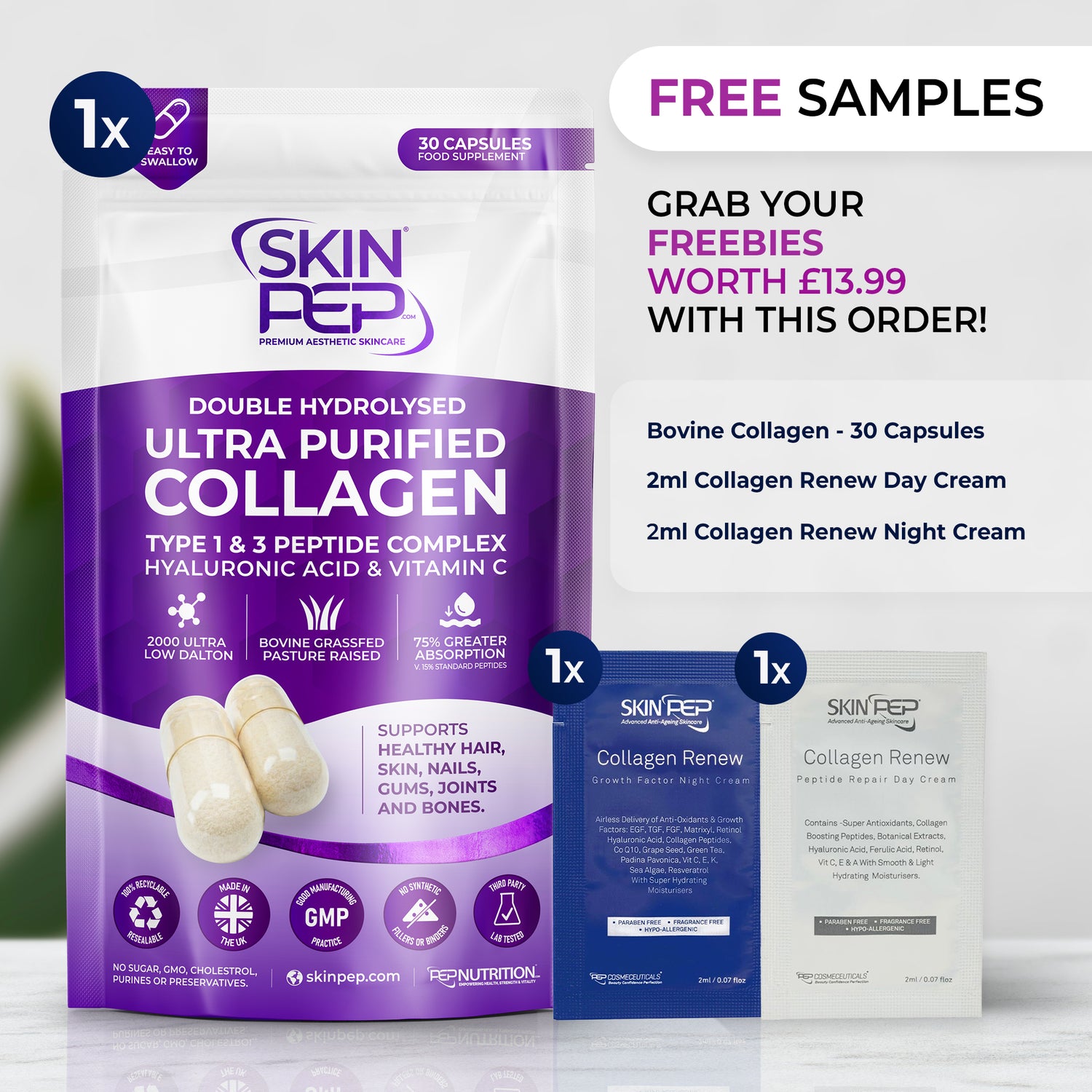 Marine Collagen Peptides Capsules | Wild Caught | Bioactive 1500 Daltons | Hyaluronic Acid | Vitamin C | Clean &amp; Pure | No Fillers &amp; Binders | Collagen Supplements For Women &amp; Men | SkinPep