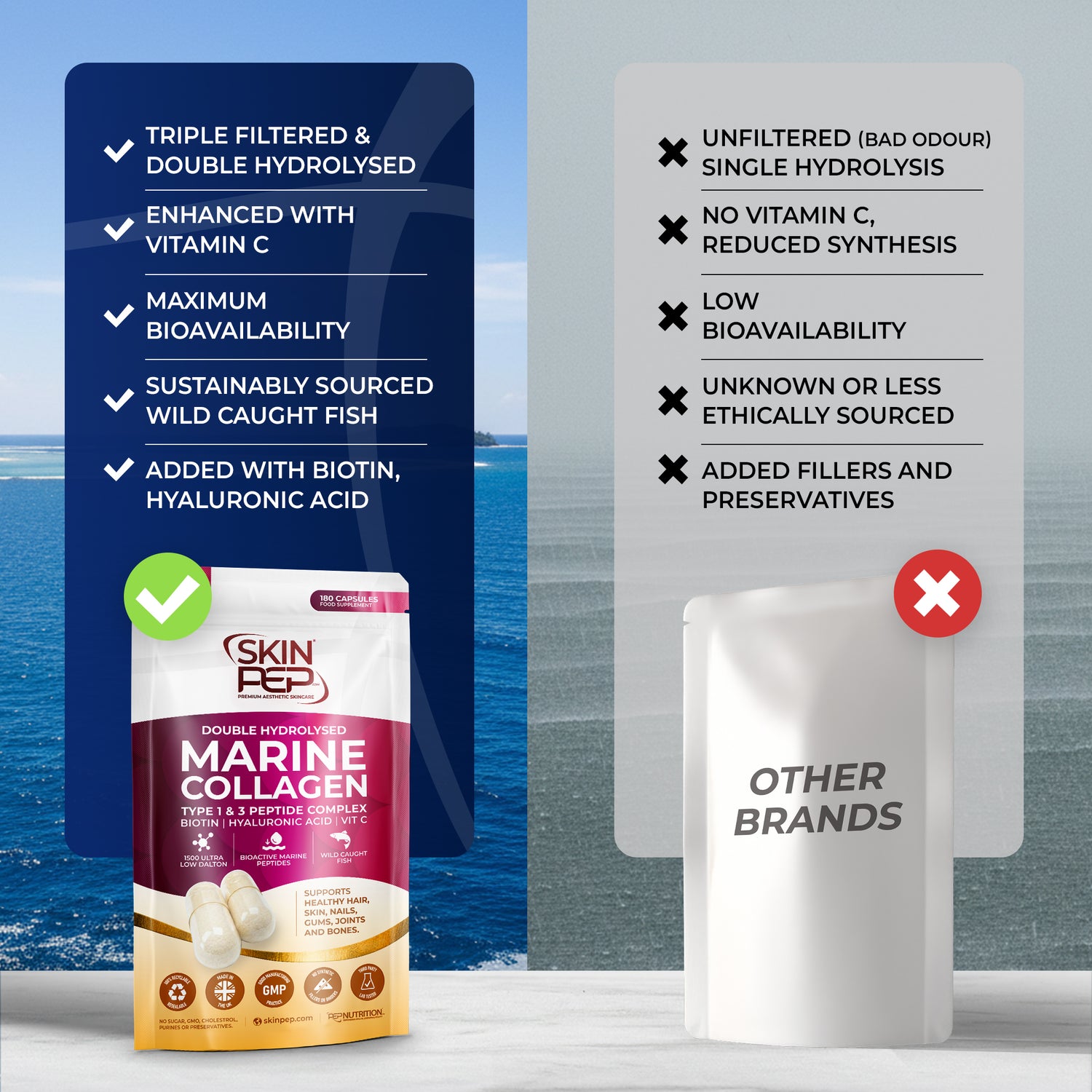 Marine Collagen Peptides Capsules | Wild Caught | Bioactive 1500 Daltons | Hyaluronic Acid | Vitamin C | Clean &amp; Pure | No Fillers &amp; Binders | Collagen Supplements For Women &amp; Men | SkinPep