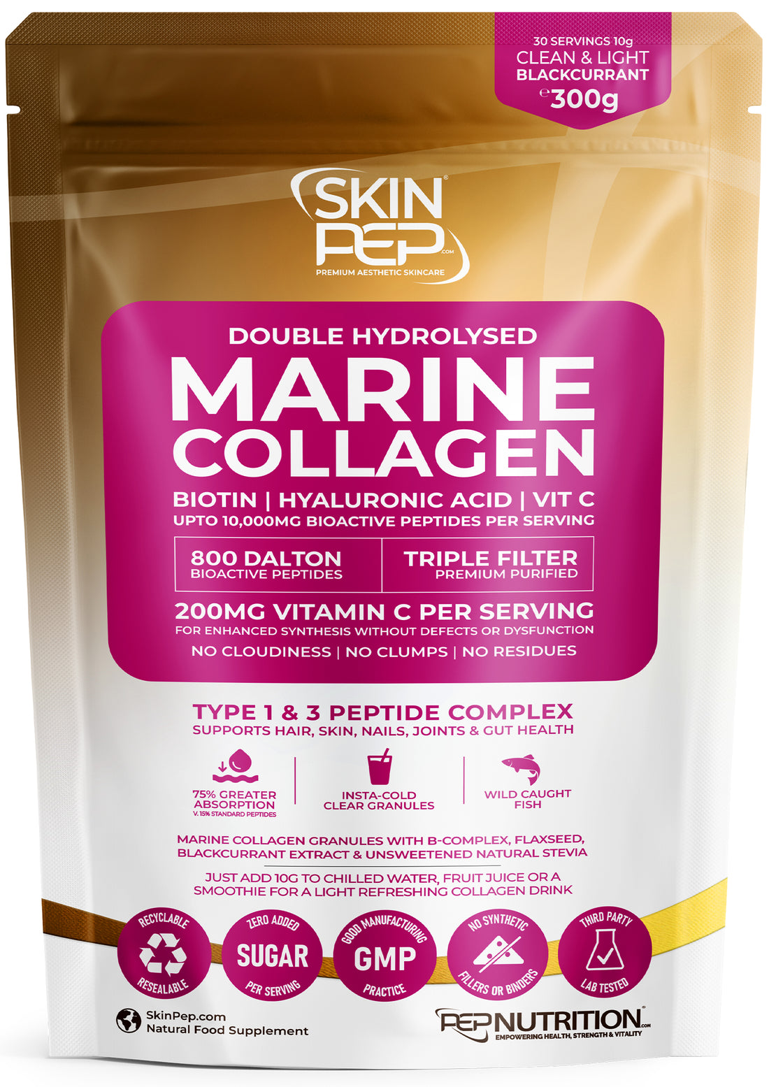 Marine Collagen Peptides | Hyaluronic Acid | Vitamin C | Biotin | Bioactive 800 Daltons| Blackcurrant Extract Flavour | Triple Filtered Sugar Free Powder | SkinPep