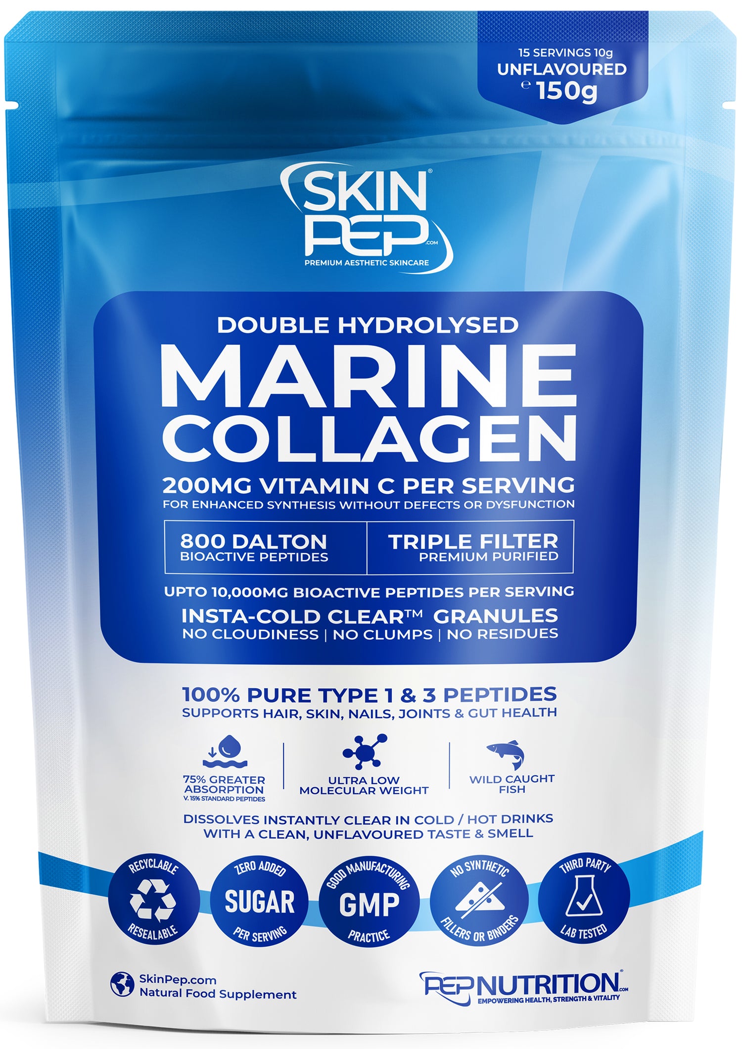 Marine Collagen Peptides | Bioactive 800 Daltons | Double Hydrolysed | Triple filtered |  100% Pure - Wild Caught | Vitamin C Enhanced Synthesis | SkinPep