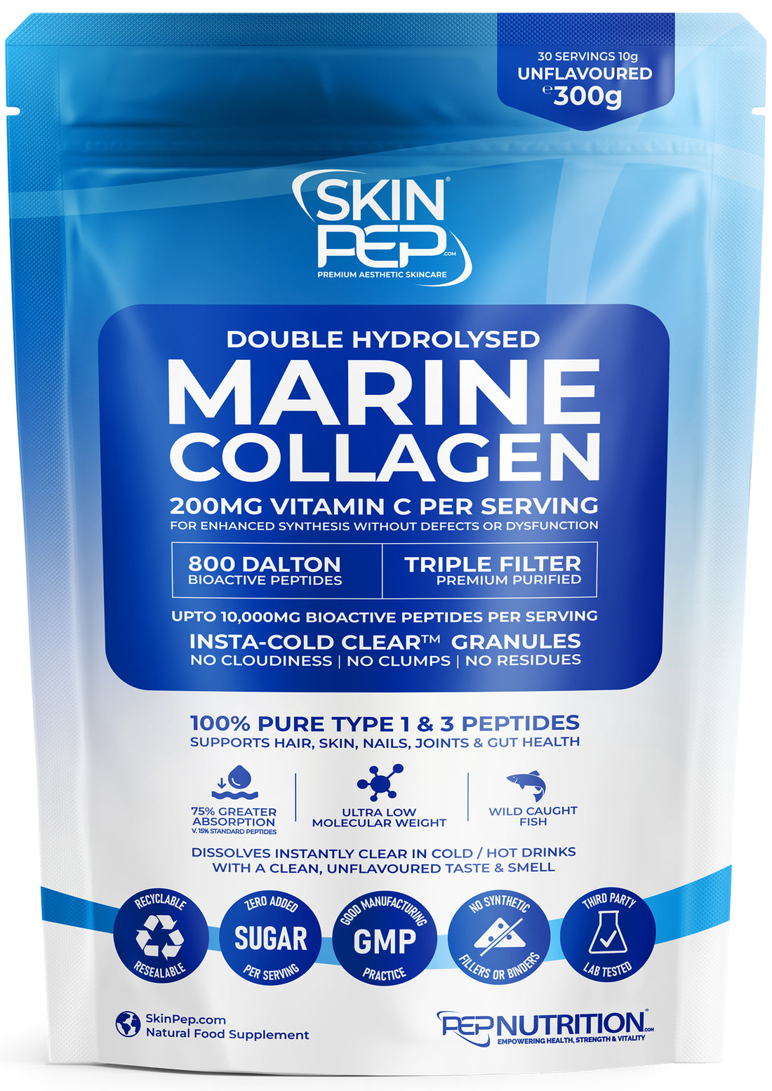 Marine Collagen Peptides | 800 Daltons | Double Hydrolysed | Triple filtered |  100% Pure - Wild Caught | Vitamin C Enhanced Synthesis | SkinPep