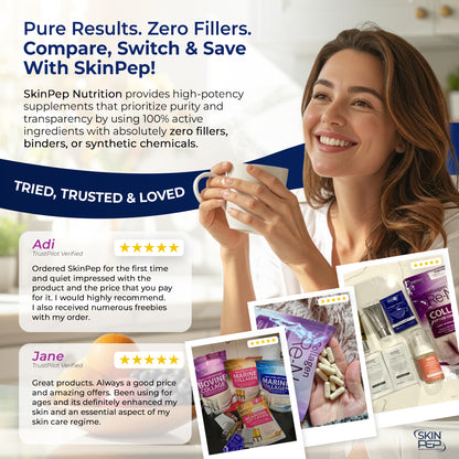 Marine Collagen Peptides Capsules | Wild Caught | Bioactive 1500 Daltons | Hyaluronic Acid | Vitamin C | Clean &amp; Pure | No Fillers &amp; Binders | Collagen Supplements For Women &amp; Men | SkinPep V2