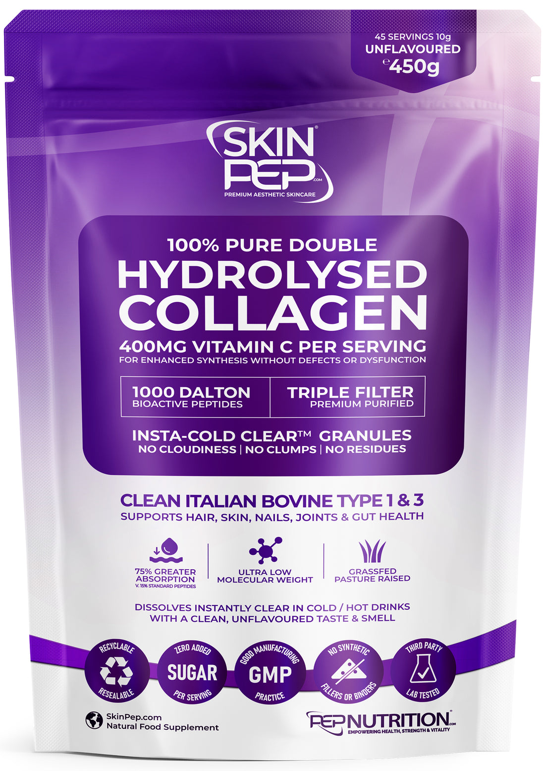Collagen Peptides Powder | Organic Grass-Fed Bovine Hydrolysate | 2000 Dalton | 400mg Vitamin C | SkinPep