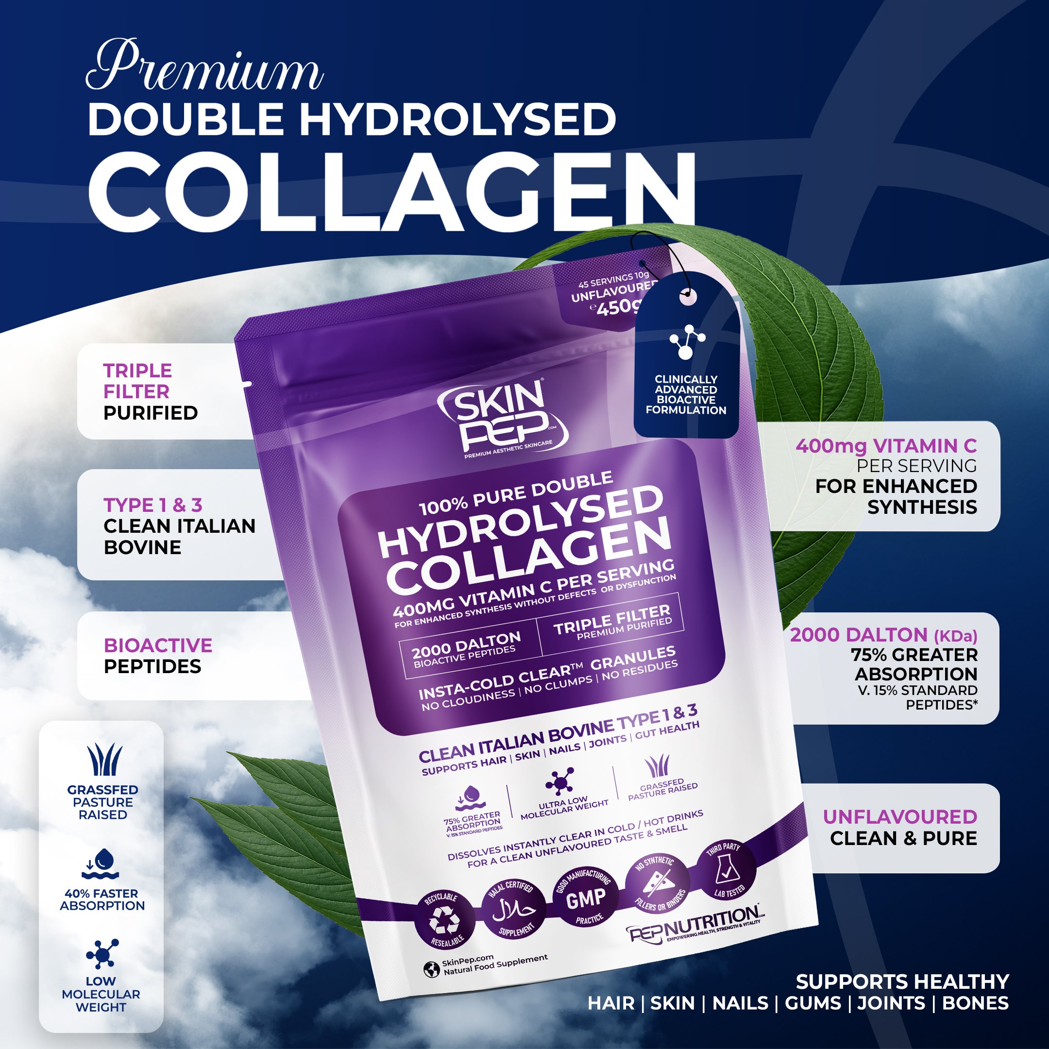 Collagen Peptides Powder | Organic Grass-Fed Bovine Hydrolysate | 2000 Dalton | 400mg Vitamin C | SkinPep