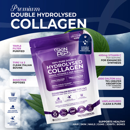 Collagen Peptides Powder | Organic Grass-Fed Bovine Hydrolysate | 2000 Dalton | 400mg Vitamin C | SkinPep