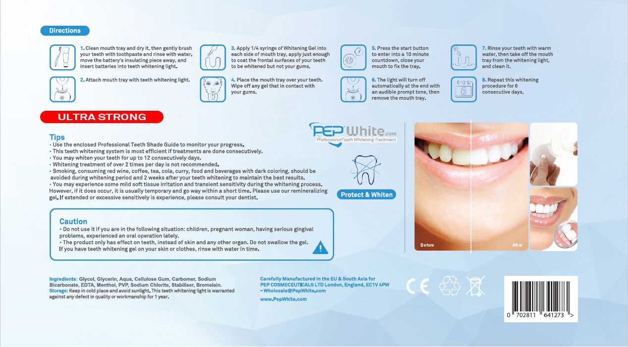 PEP-WHITE ULTRA STRONG Professional Home Teeth Whitening Gel + LED LIGHT Kit