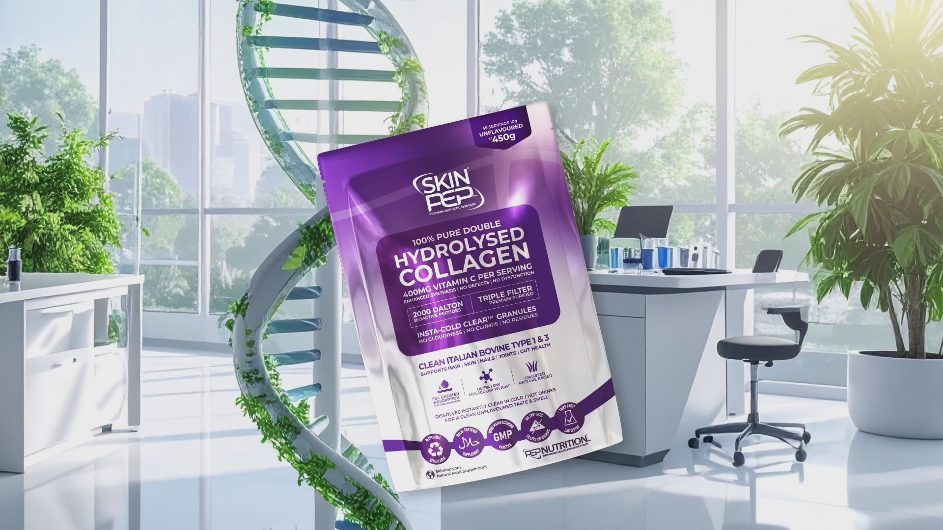 Collagen Peptides Powder | Organic Grass-Fed Bovine Hydrolysate | 2000 Dalton | 400mg Vitamin C | SkinPep