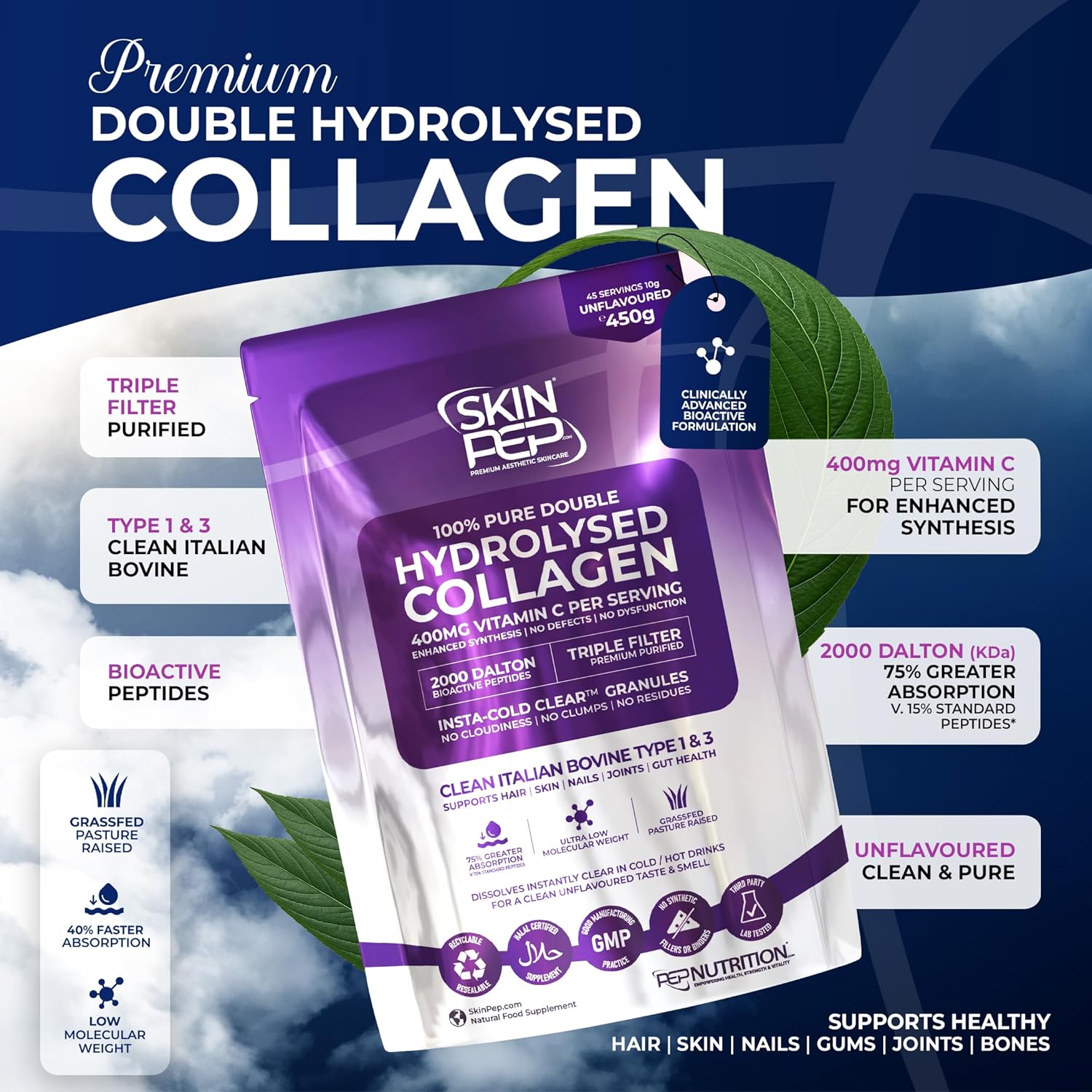 Collagen Peptides Powder | Organic Grass-Fed Bovine Hydrolysate | 2000 Dalton | 400mg Vitamin C | SkinPep