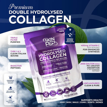 Collagen Peptides Powder | Organic Grass-Fed Bovine Hydrolysate | 2000 Dalton | 400mg Vitamin C | SkinPep
