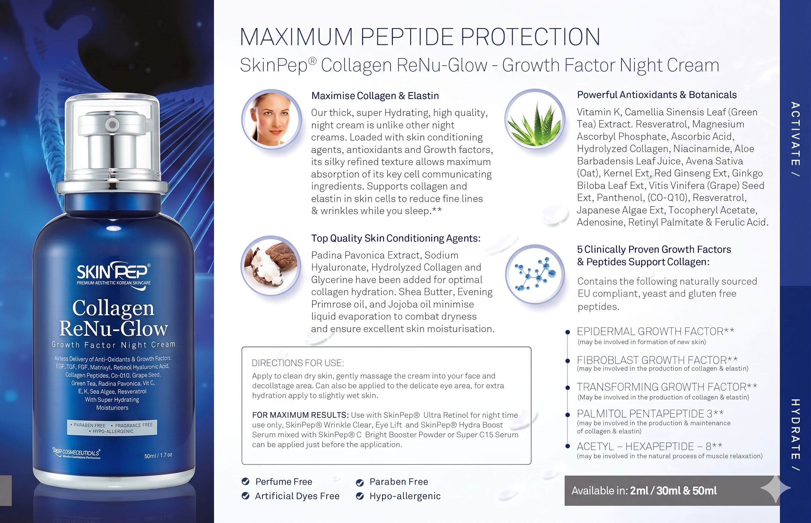 Collagen ReNu-Glow NIght Cream | Encapsulated Growth Factors (EGF, FGF, TGF) | 16 Antioxidants &amp; Moisturisers | Retinol, Hyaluronic Acid, Vit C, E, A + Peptides | Korean Glass Skin By SkinPep
