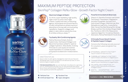 Collagen ReNu-Glow NIght Cream | Encapsulated Growth Factors (EGF, FGF, TGF) | 16 Antioxidants &amp; Moisturisers | Retinol, Hyaluronic Acid, Vit C, E, A + Peptides | Korean Glass Skin By SkinPep