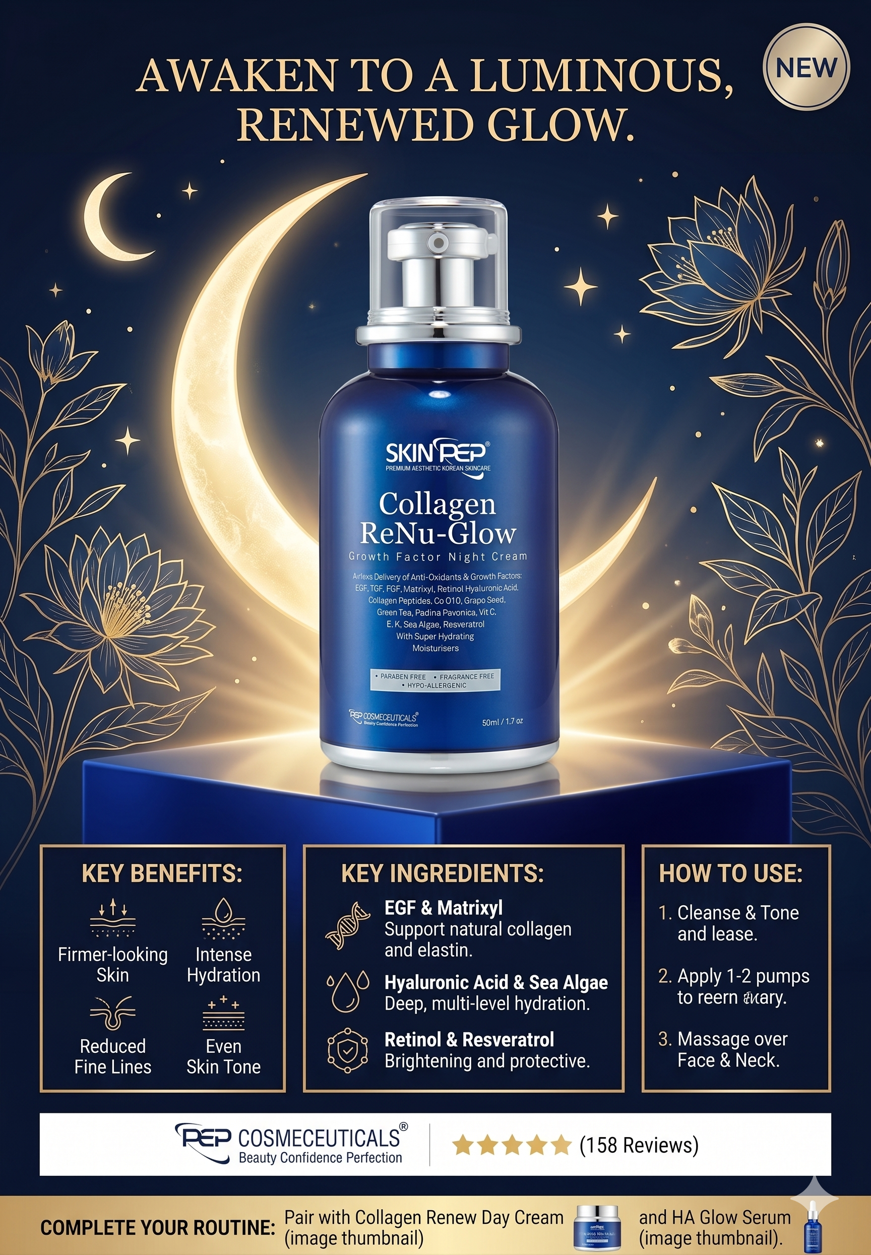 Collagen ReNu-Glow NIght Cream | Encapsulated Growth Factors (EGF, FGF, TGF) | 16 Antioxidants &amp; Moisturisers | Retinol, Hyaluronic Acid, Vit C, E, A + Peptides | Korean Glass Skin By SkinPep