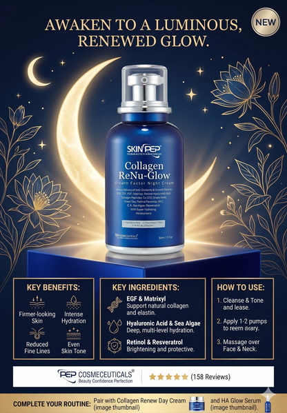 Collagen ReNu-Glow NIght Cream | Encapsulated Growth Factors (EGF, FGF, TGF) | 16 Antioxidants &amp; Moisturisers | Retinol, Hyaluronic Acid, Vit C, E, A + Peptides | Korean Glass Skin By SkinPep